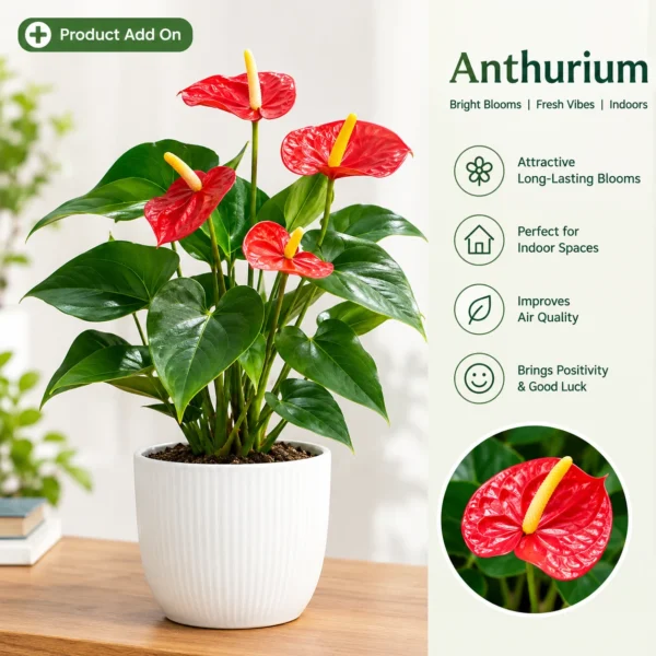 Anthurium Product Add-On Showcase Vibrant Anthurium in Sculptural Planter